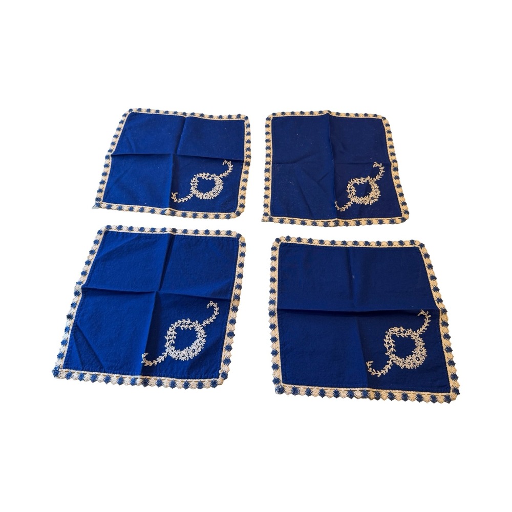 Vintage Royal Blue White Embroidered Lace Cocktail Table Napkins Set of 4 11X11